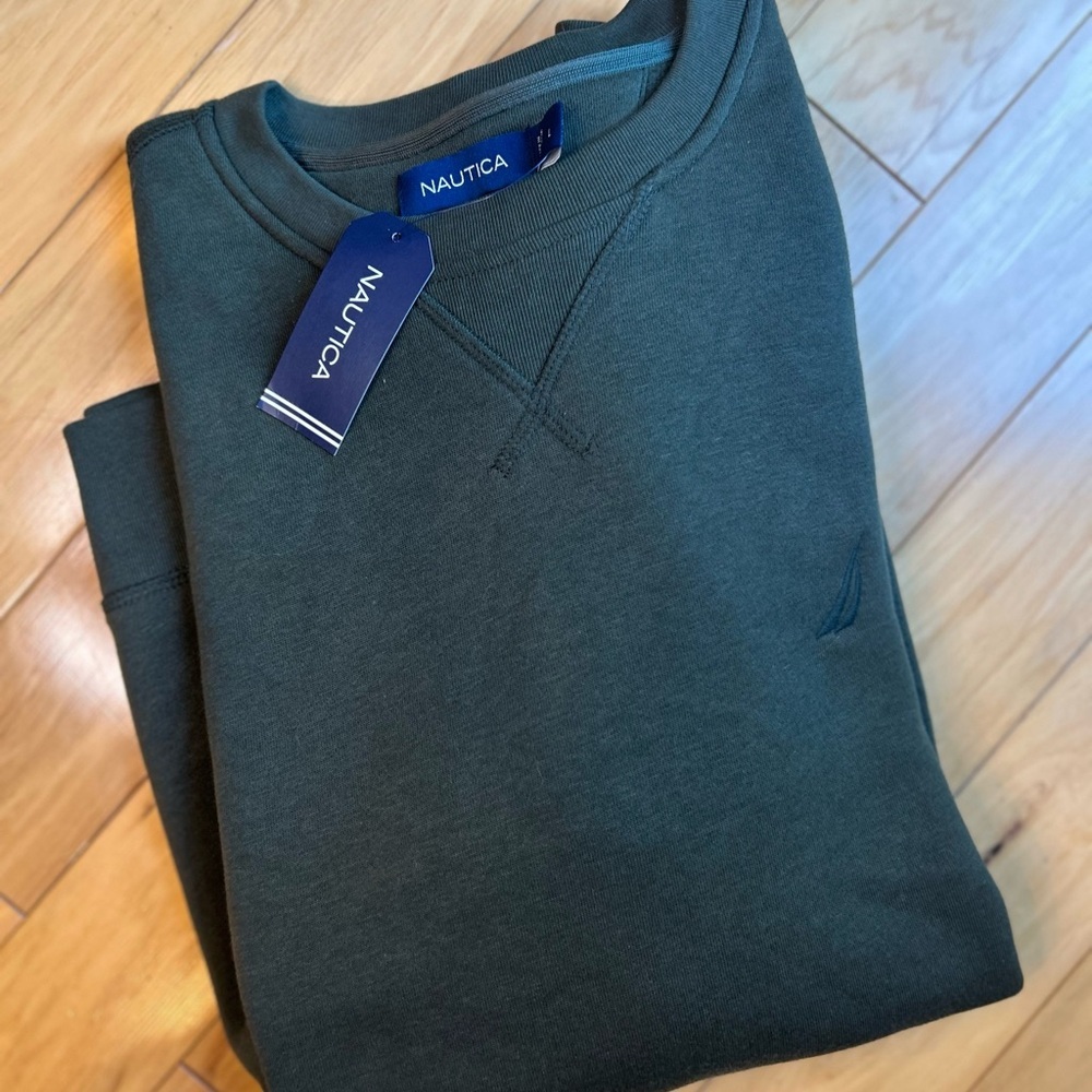 NWT Nautica Mens Large Forest Green Crewneck Sweatshirt Fleece Pullover